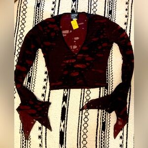 Shrine Shirt Maroon/Black tattered look. Long Sleeve with Flare around hand.
